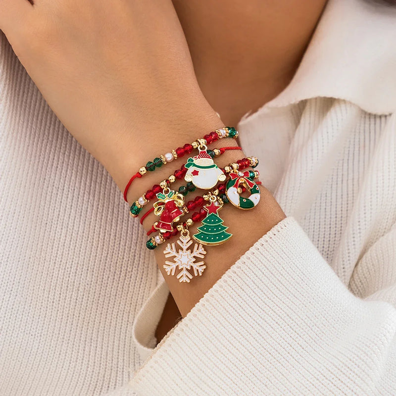 5 pçs/set bonito série de natal floco de neve árvore pingente pulseira de cristal feminino ccb contas fio ajustável corda pulseira