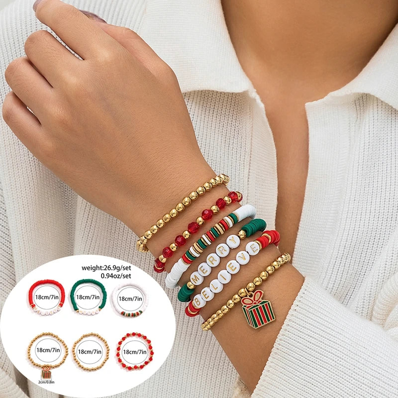5 pçs/set bonito série de natal floco de neve árvore pingente pulseira de cristal feminino ccb contas fio ajustável corda pulseira