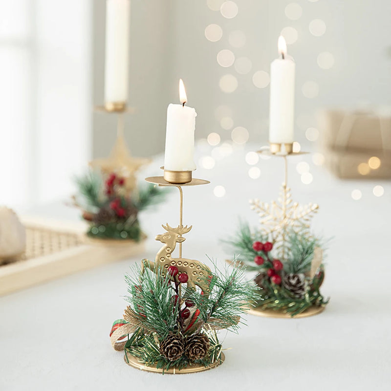 Castiçal de natal, ferro dourado, floco de neve, estrela, árvore, rena, castiçal, enfeites de mesa para decoração de casa de ano novo navidad