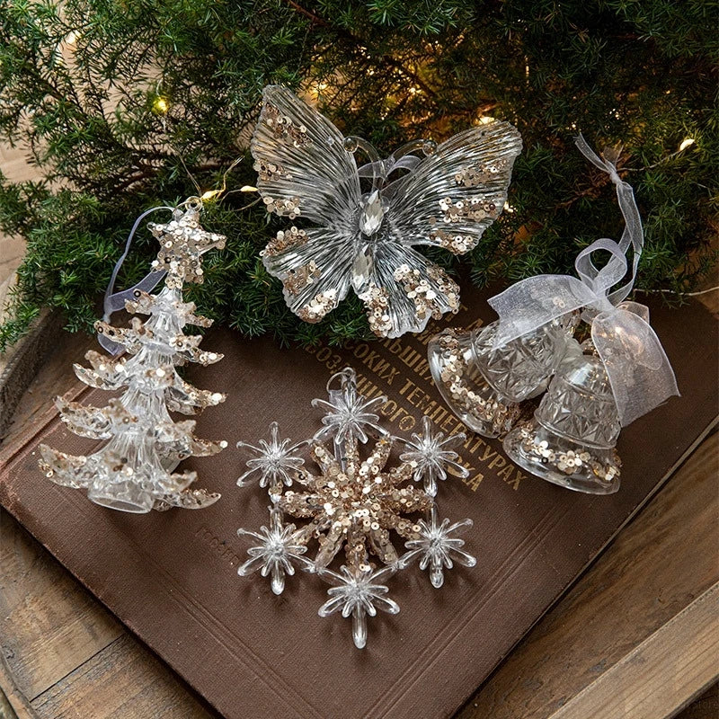 Enfeites de Natal Acrílico Transparente com Glitter Dourado – Elegância e Brilho