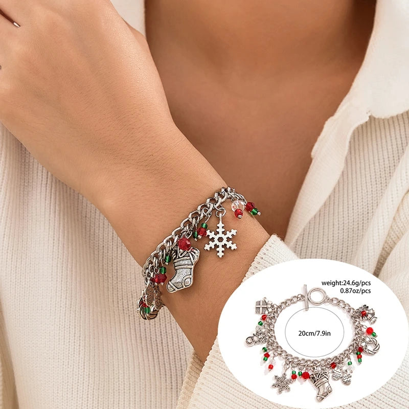5 pçs/set bonito série de natal floco de neve árvore pingente pulseira de cristal feminino ccb contas fio ajustável corda pulseira