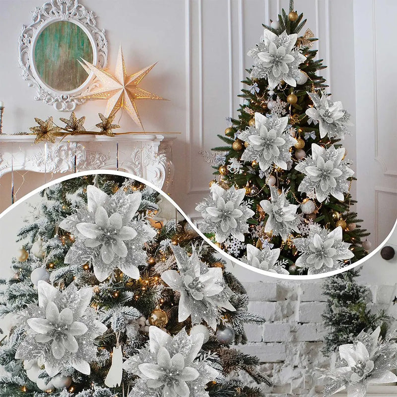 Flores artificiais vermelhas de Natal com glitter dourado – kit 10 peças.