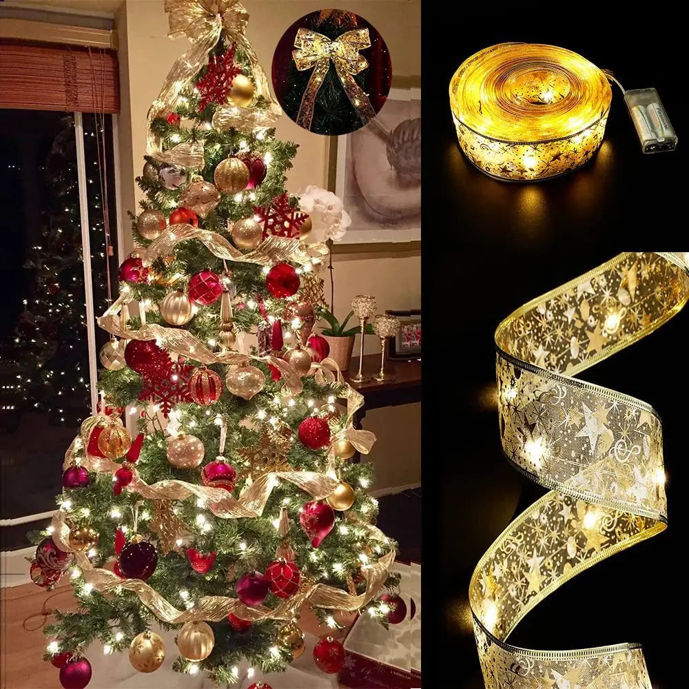 Laço de Natal Dourado com Luz LED – Topo de Árvore Decorativo Iluminado