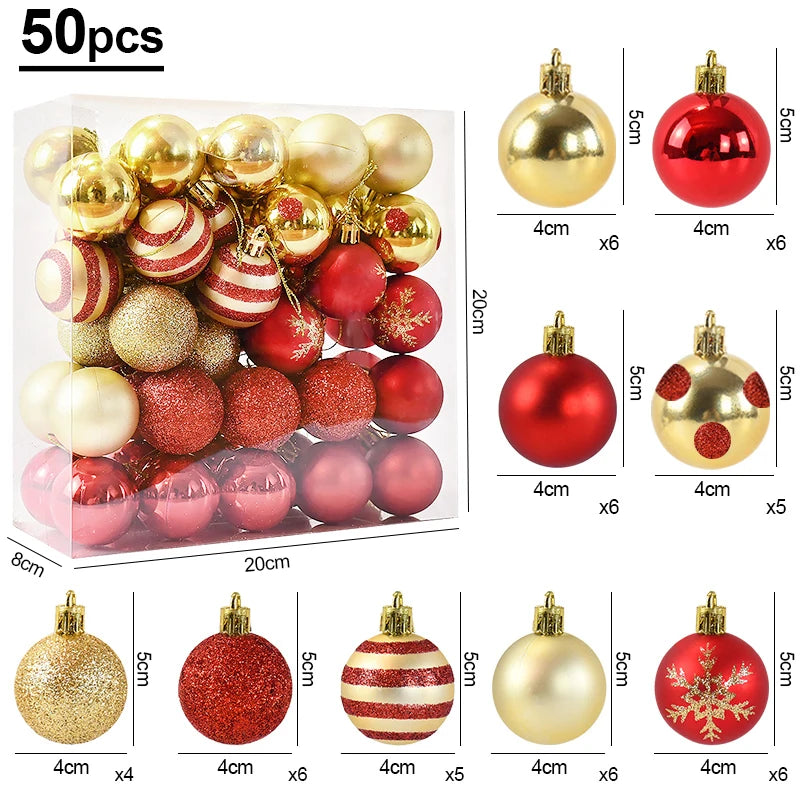 50 pçs/caixa bolas de árvore de natal ornamento ouro vermelho pendurado bauble pingente 2025 decoração de natal para casa 2026 presentes de ano novo
