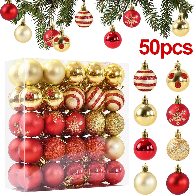 50 pçs/caixa bolas de árvore de natal ornamento ouro vermelho pendurado bauble pingente 2025 decoração de natal para casa 2026 presentes de ano novo