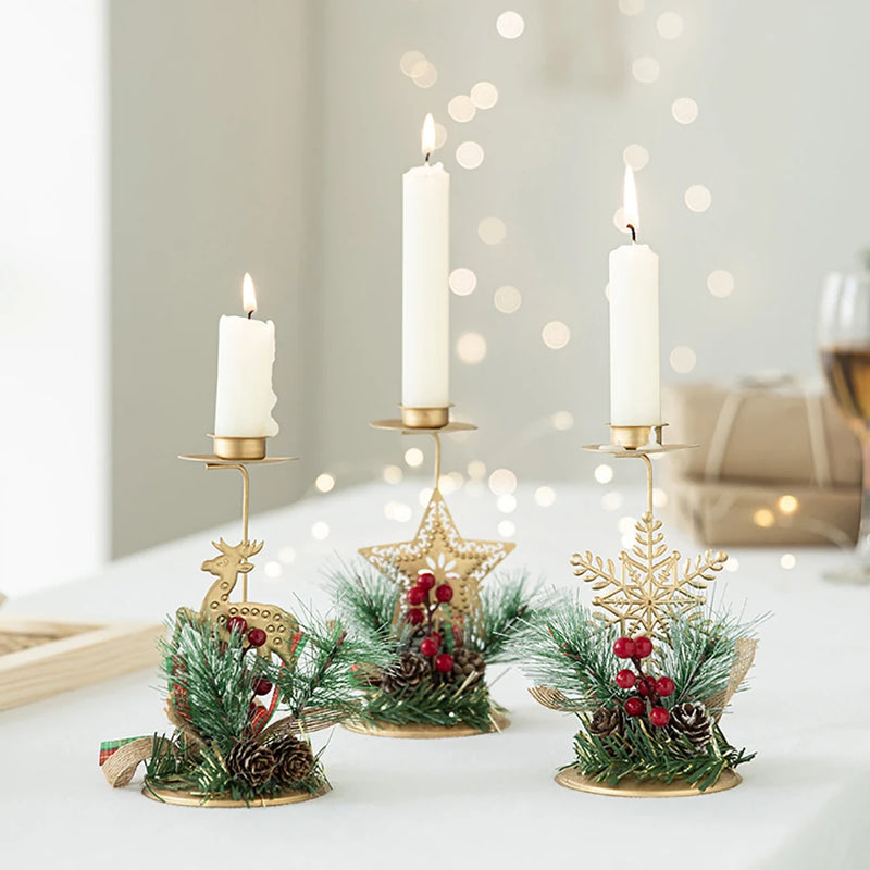Castiçal de natal, ferro dourado, floco de neve, estrela, árvore, rena, castiçal, enfeites de mesa para decoração de casa de ano novo navidad