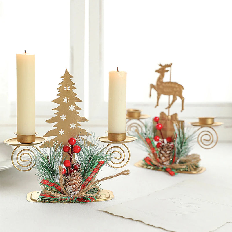 Castiçal de natal, ferro dourado, floco de neve, estrela, árvore, rena, castiçal, enfeites de mesa para decoração de casa de ano novo navidad
